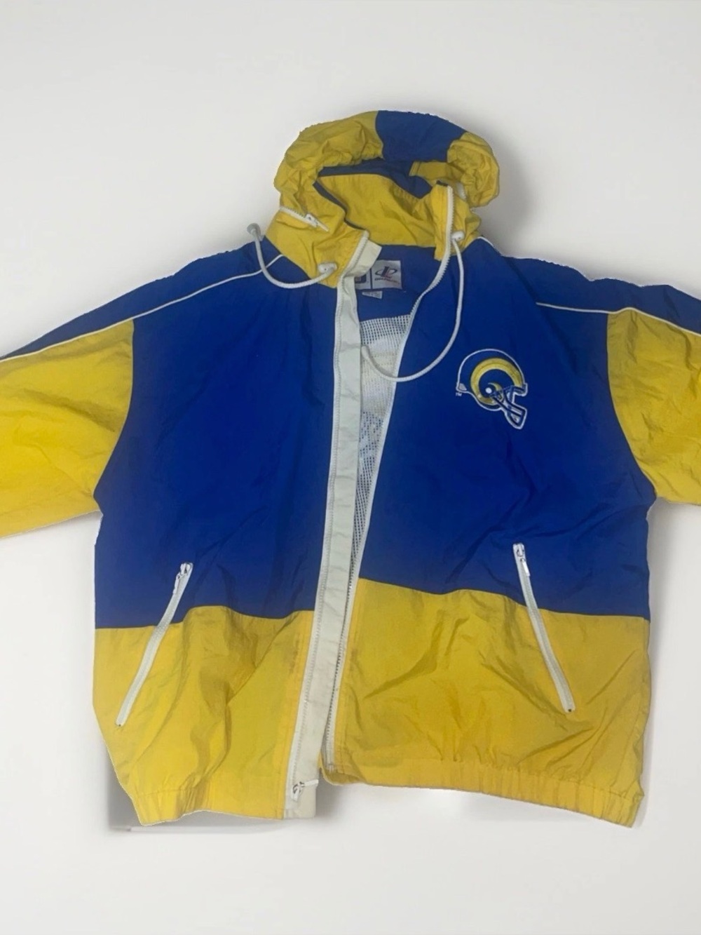 Vintage Logo Athletic Los Angeles Rams NFL Hooded Windbreaker Jacket Blue Yellow